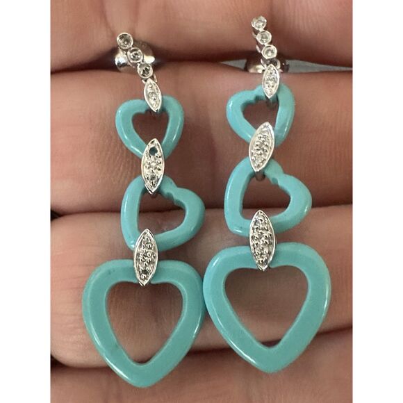 14K Solid White Gold Diamond Turquoise Dangle Drop Heart Earrings